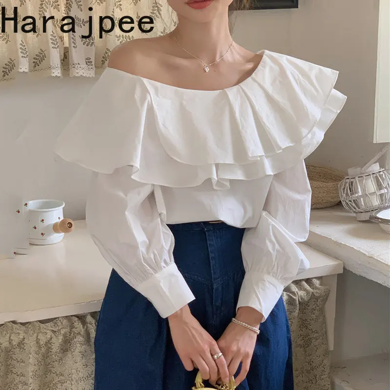 

Рубашка Harajpee с открытыми плечами, винтажная шикарная однотонная блузка во французском стиле с диагональным воротником и длинным рукавом, пикантные элегантные топы для женщин