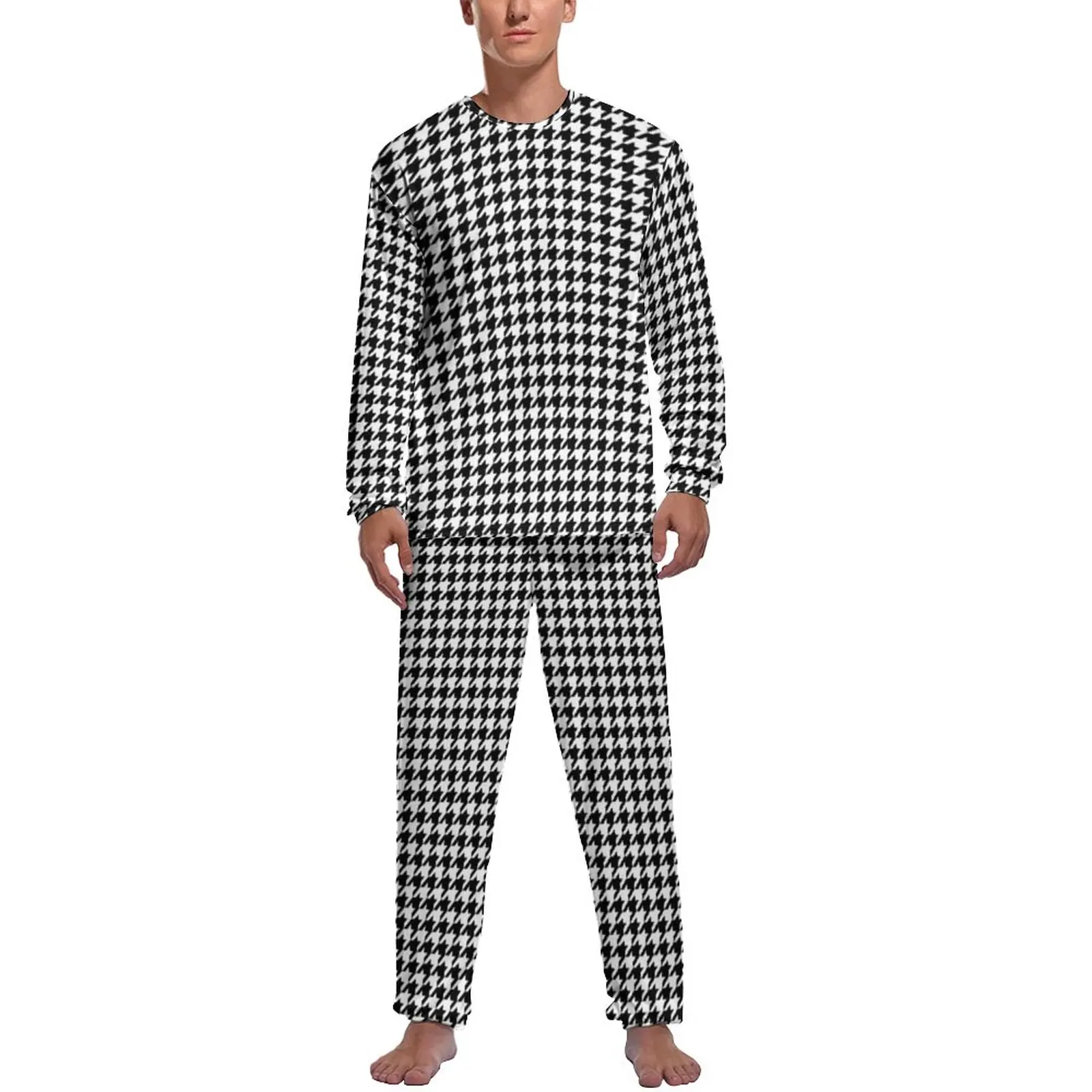 Elegant Houndstooth Pajamas Winter Two Piece Black and White Retro Cute Pajamas Set Men Long Sleeve Casual Design Home Suit