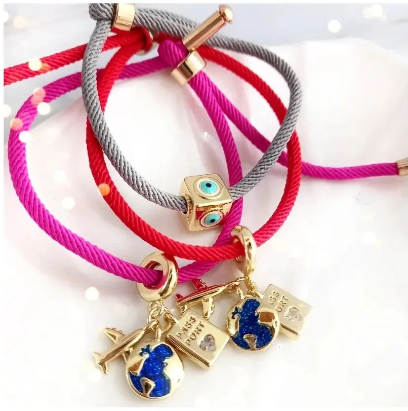 

10Pcs Handmade Evil Eye Beads Bracelets Gold Plated Aircraft Globe Map Fashion Adjustable Rope Bracelet Jewelry