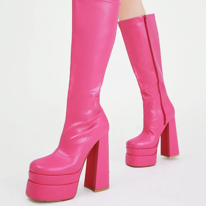 Woman New Fashion Sexy Pure Color Square Toe High Heels Platform Zipper Knee High Boots Slim Height Increasing Outdoor Shoes 42