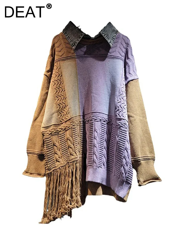 Женский пуловер с длинным рукавом DEAT вязаный дизайнерский винтажный свитер