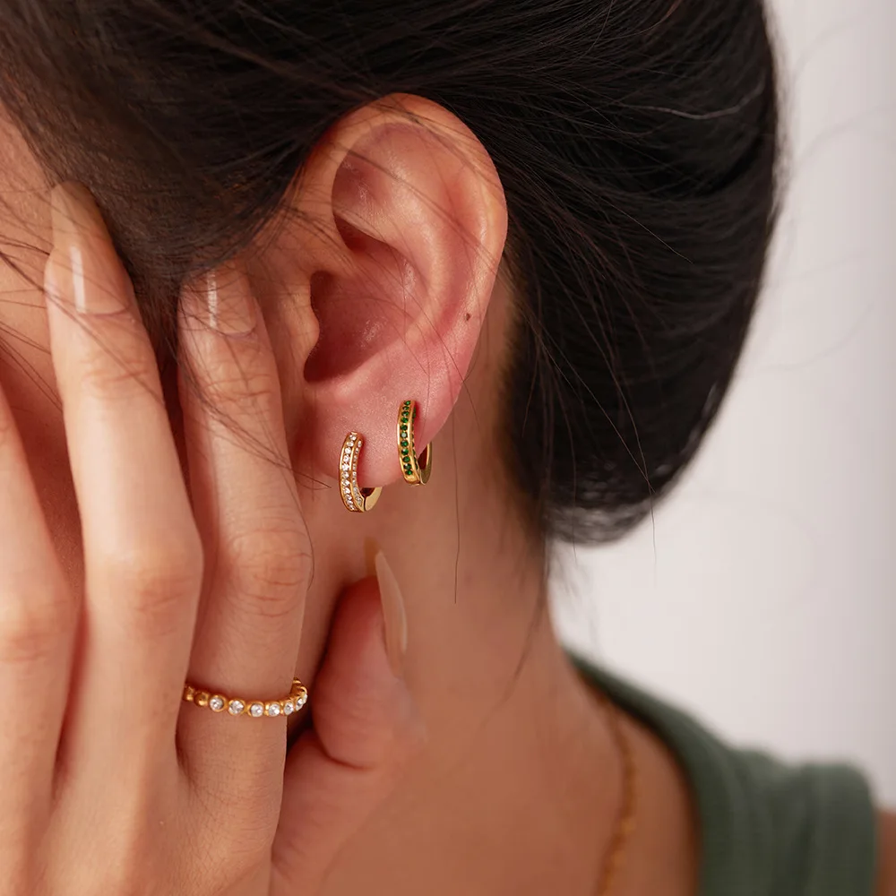 Stainless Steel PVD 18K Gold Plated Tarnish Waterproof Colorful Rhinestoned Hoop Earrings For Woman Jewelry Wholesale Trendy