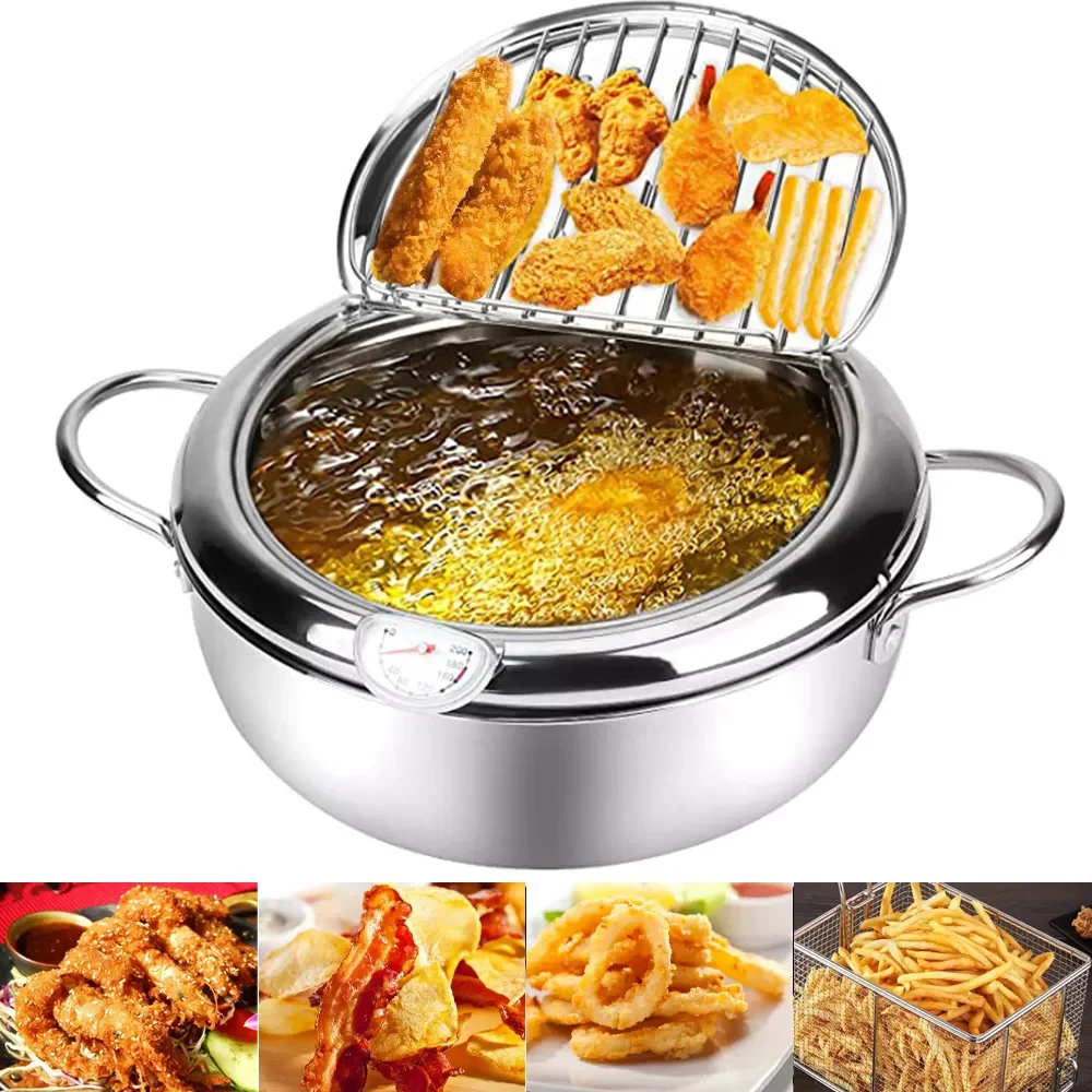 

304 Stainless Steel Frying Pan Deep Fryer With Thermometer and Lid Kitchen Tempura Fryer Pan
