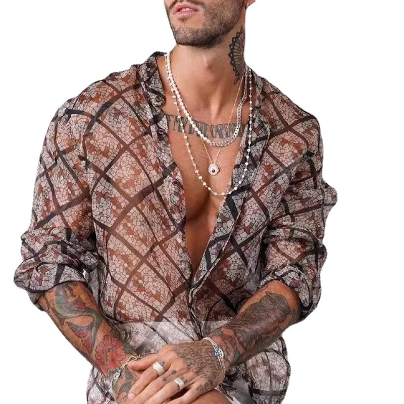 Men Shirts European And American Men'S Wear Breathable Mesh Print Casual Long Sleeve Ins Fashion Collar Summer Short