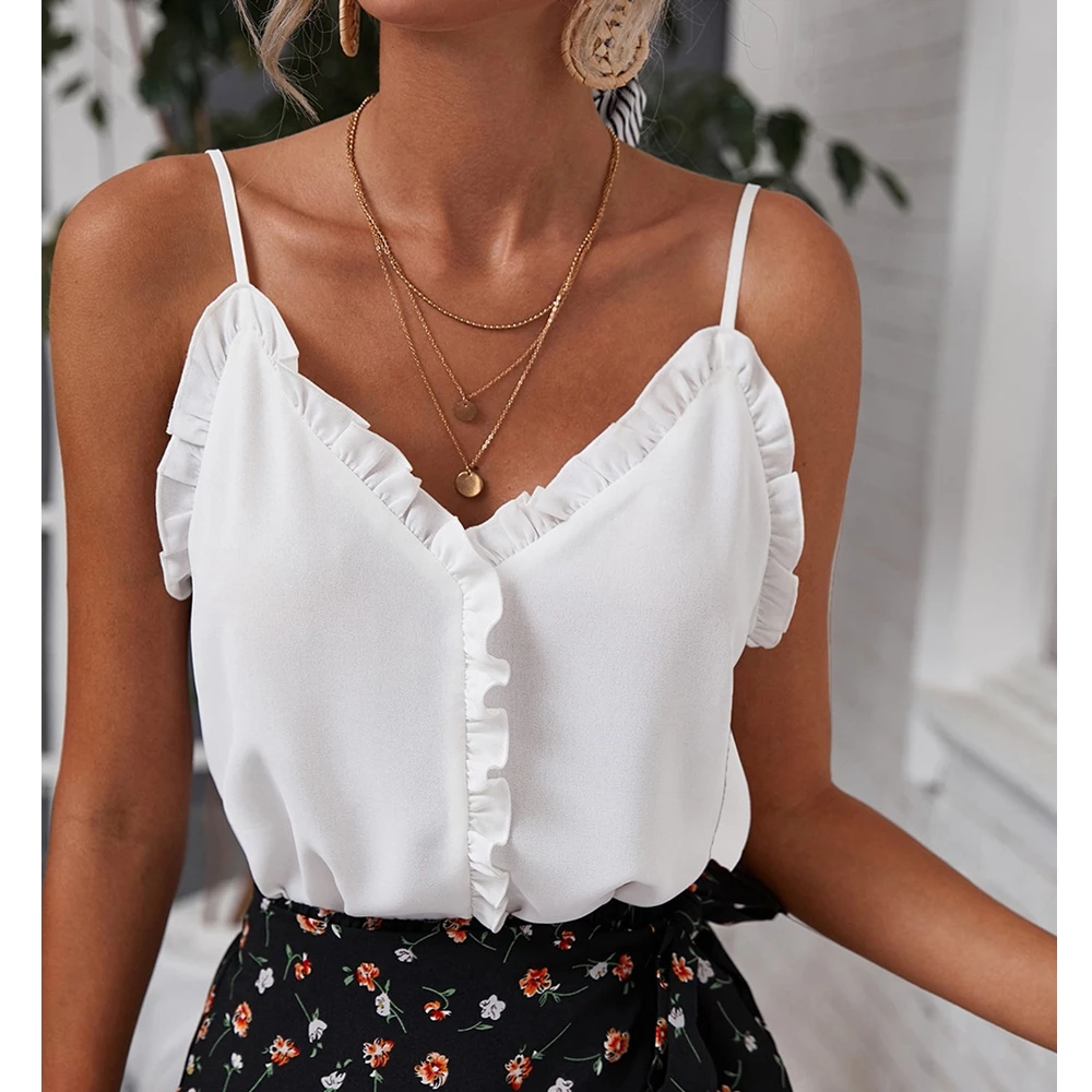 Wepbel Summer Camis Tops Solid Color V-neck Strap Women's Pullover Ruffled Vest Solid Color Chiffon Tops Loose Sexy Camis Top