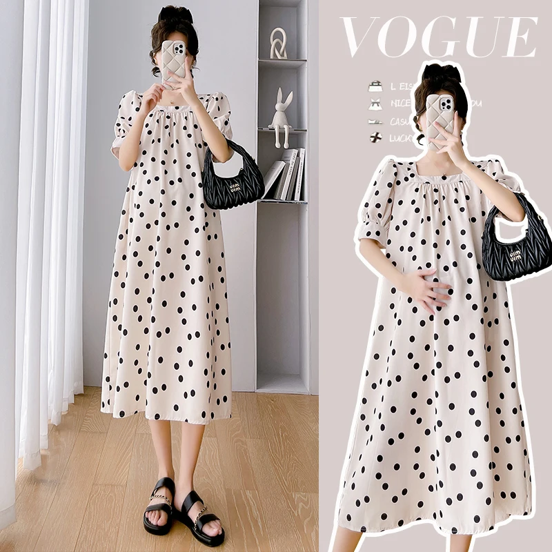 

2341# Summer Casual Polka Dot Printed Maternity Straight Dress Oversize Loose Clothes for Pregnant Women Sweet Pregnancy