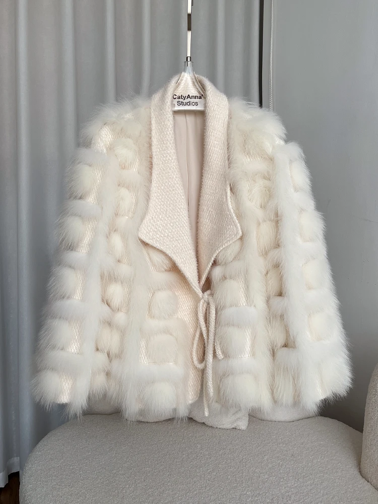 2022 Autumn Winter Knitted Cardigan Jacket blended Thick Warm New Fashion Belt Turn Down Collar Real Fox Fur Coat Women