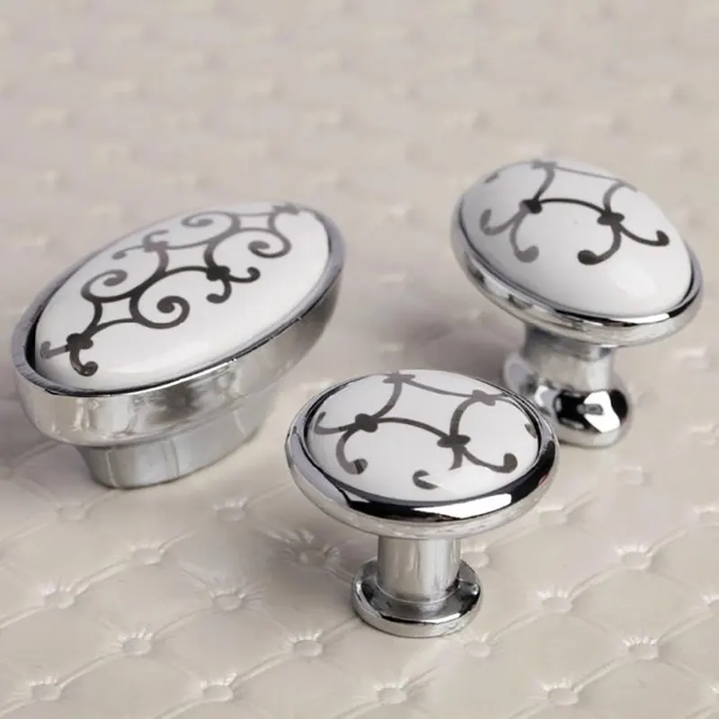 Керамические ручки для шкафов и ящиков, яркие, хромированные, белые, круглые ручки для дарера, современная простая мебельная фурнитура из цинкового сплава