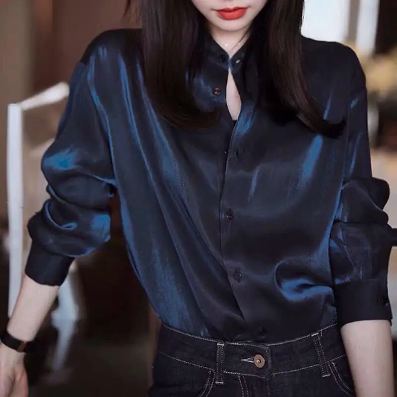 

French o neck fold blouse female 2022 summer new design sense niche retro long sleeve casual solid chic blouse female tops