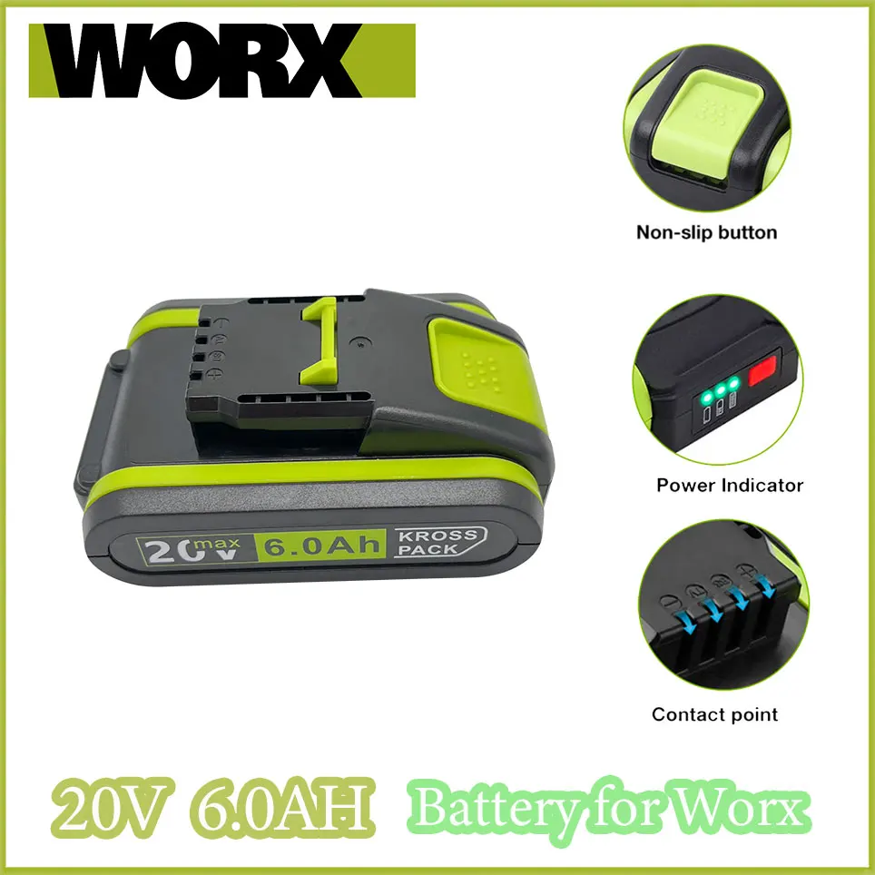 

Worx New Power Tools Rechargeable Replacement Lithium Battery 20V 6000mAh for Worx WA3551 WA3553 WX390 WX176 WX178 WX386 WX678
