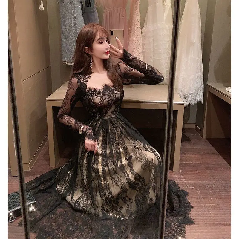 Женское длинное кружевное платье D &amp M элегантное черное в стиле ретро с длинным