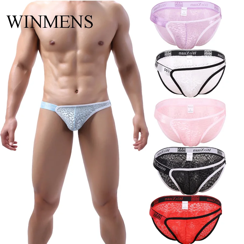 

5 Pcs/Lot Men's Panties Gay Sexy High-slit Briefs Underpants Lace Floral Sissy Erotic Bulge Penis Pouch Jockstraps Underwear