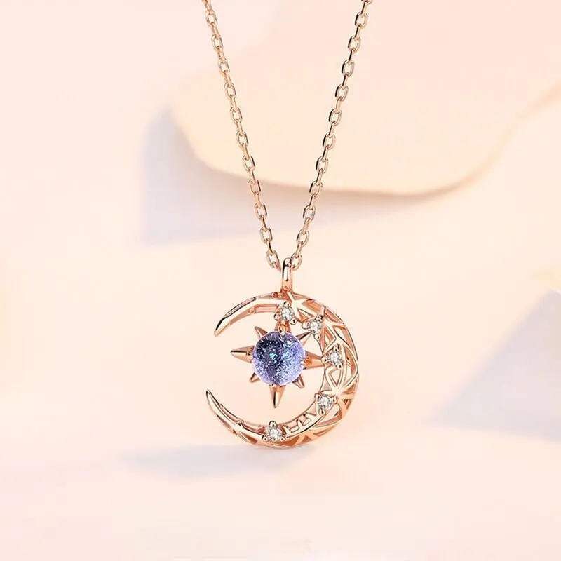 Exquisite Romantic Blue Zircon Star Moon Pendant Necklace for Women Wedding Anniversary Valentine's Day Jewelry Accessories Gift