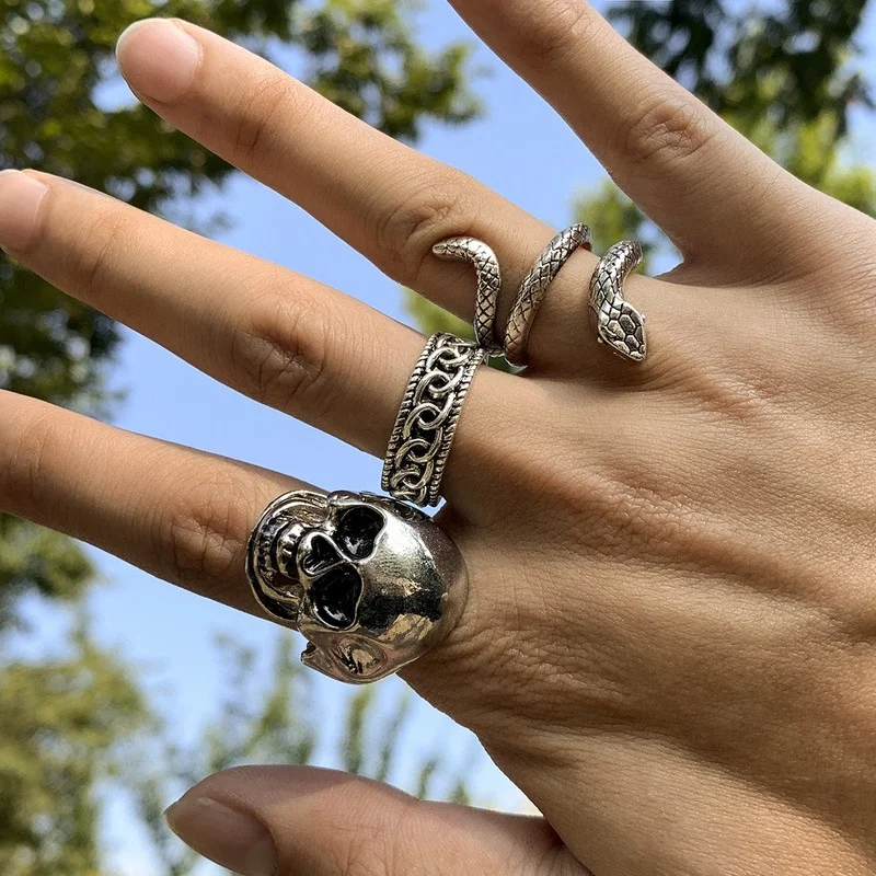 

Trend Men's Skull Python Zodiac Goat Head Ring Set Gothic Exaggerateed Personality Ring for Men Jewelry on Hand anel masculino