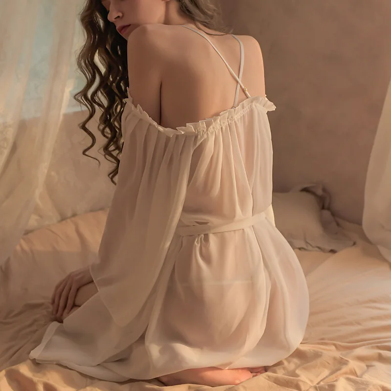 New deep V shoulder perspective chiffon shirt skirt sexy pure desire style home nightdress стиле чистого желания женское белье