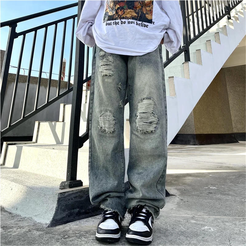 Men's 2022 New Wear Vintage Casual Ripped Blue Jeans Broad Leg Pants High Street Loose Straight Trousers Autumn and Winter Women