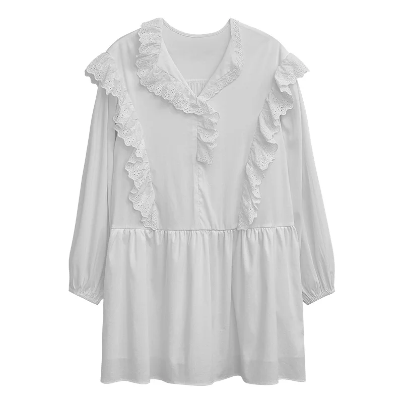 

Белые ажурные кружевные платья для женщин, весна 2022, Корейская версия, мягкое и милое женское платье с длинными рукавами и украшением из иск...