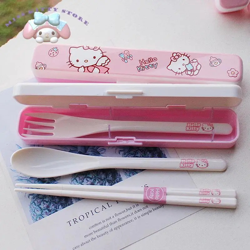 

Sanrio HelloKitty мультфильм Милая ученическая Ложка Вилка палочки для еды ABS Смола набор портативной посуды набор из трех предметов с фотоэлемента...