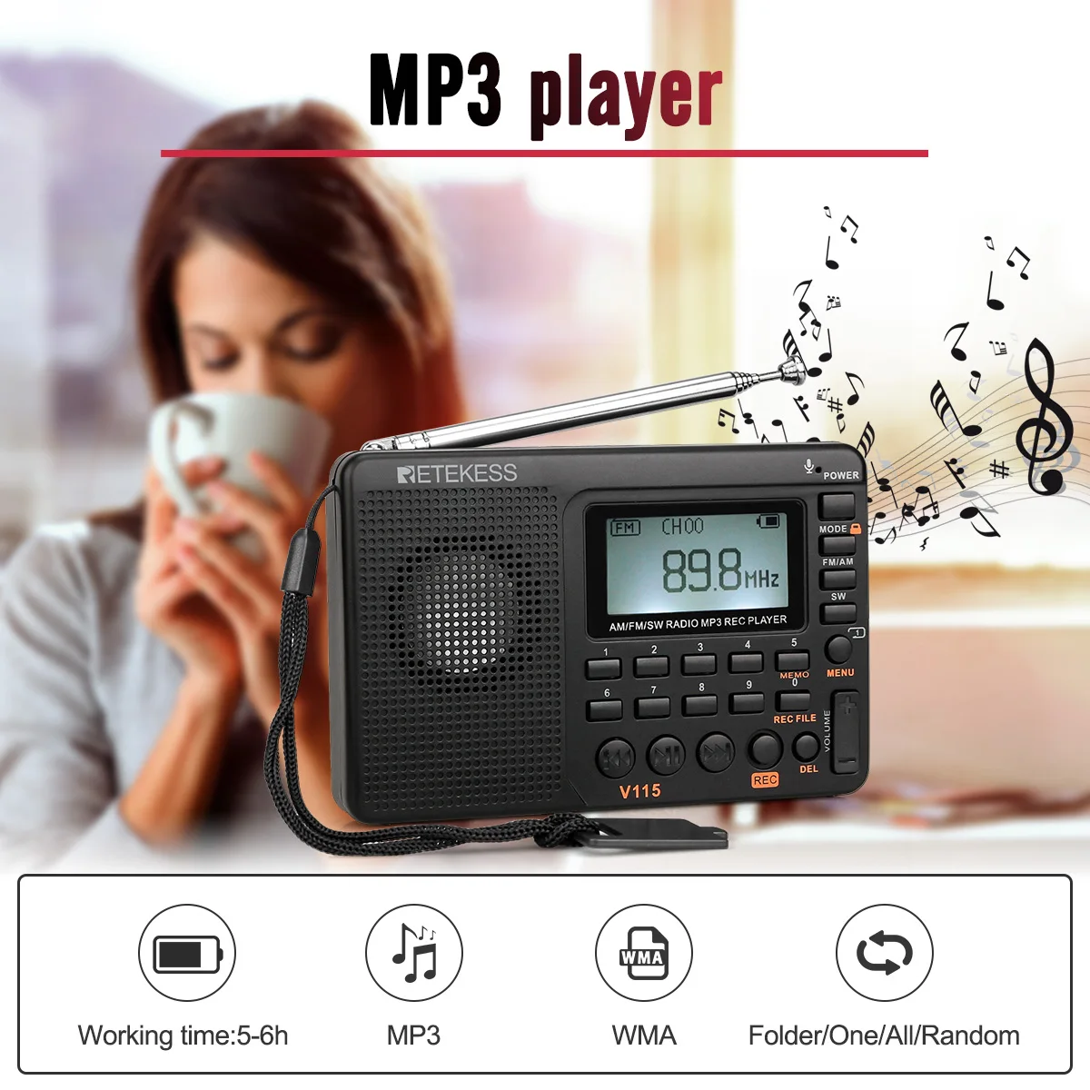 RETEKESS V115 Radio FM AM SW Portable Radios AM FM Rechargeable Shortwave Radio On Batteries All Full Waves USB Recorder Speaker