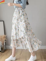 dfrcaeg 2022 summer women long chiffon skirt with lining high elastic waist floral elegant casual korean fashion falda largas