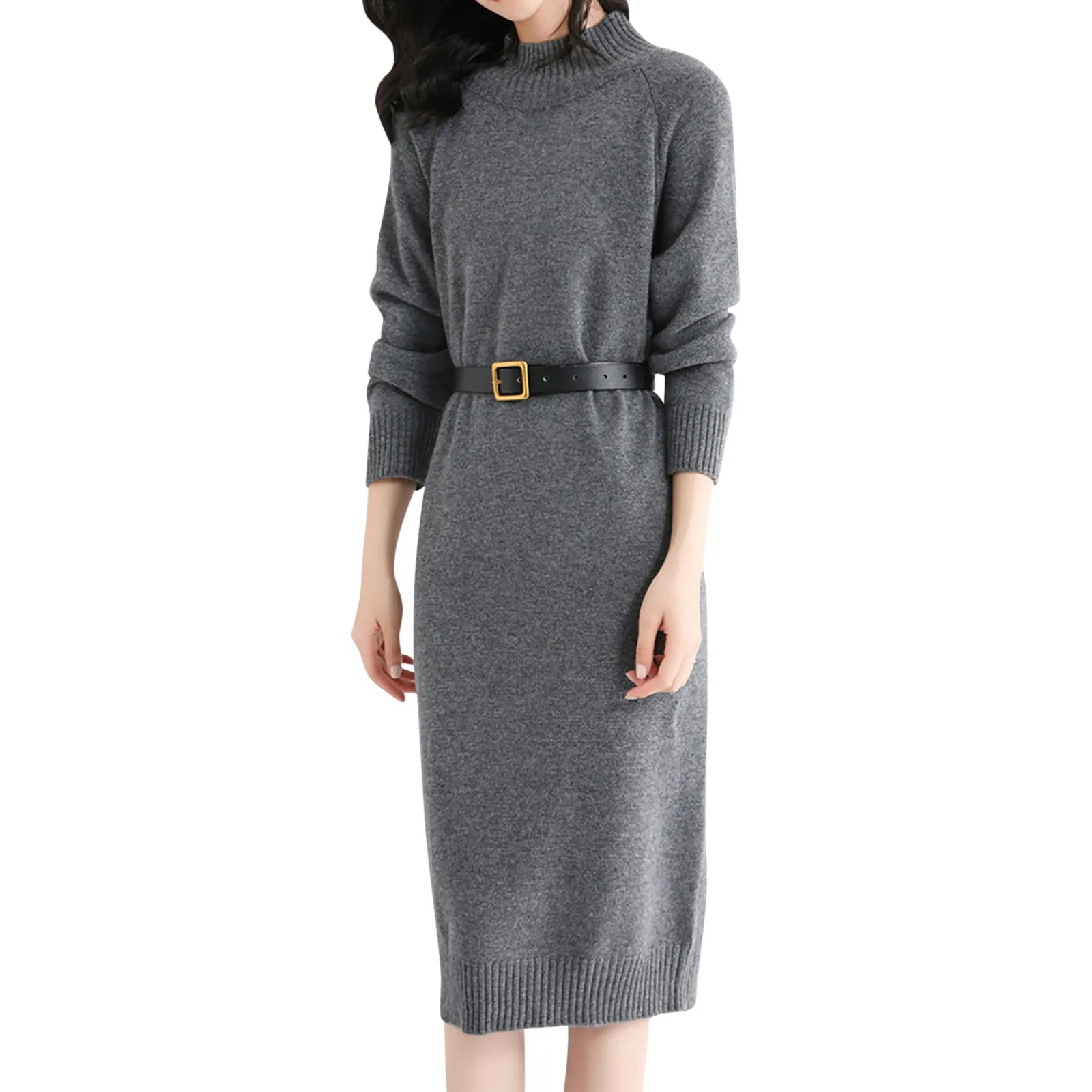 

Women's High Neck Knitted Bottom Sweater Dress Autumn And Winter Solid Colour Sweater Dress Long Sleeve Casual Knit Dress