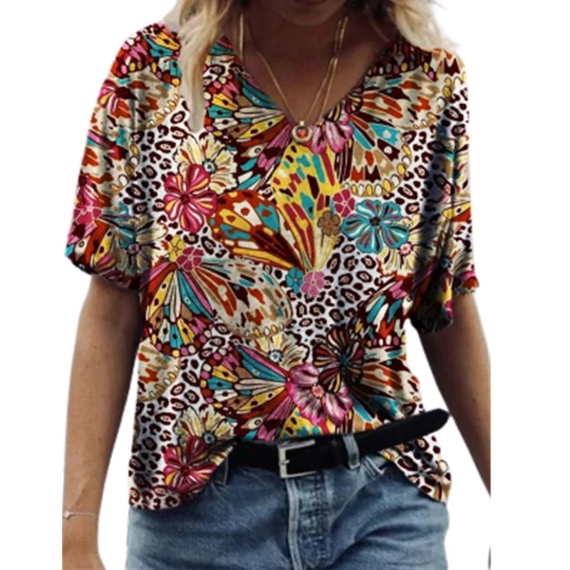 

5XL Plus Size Women's T Shirts Summer 2022 New Casual Short Sleeves Loose Plus Size Tops Women's Landscape 3D Floral Print T Shi