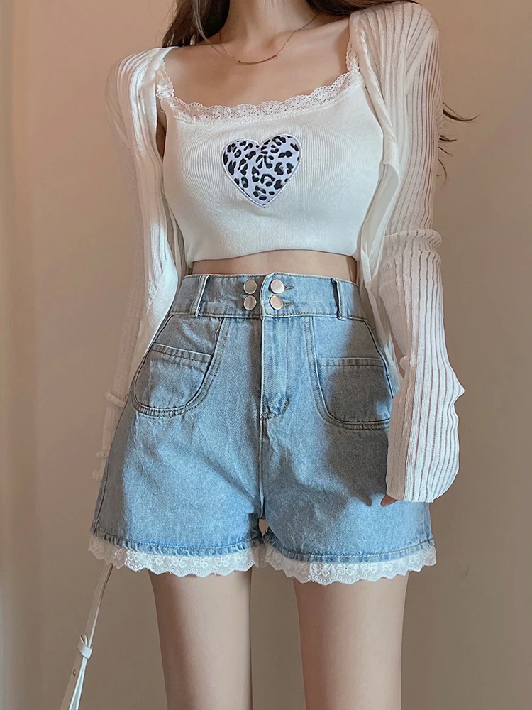 New Streetwear Women High Waist Lace Spliced Blue Denim Shorts Spring Summer Female Wide Leg Jeans Shorts Bottoms