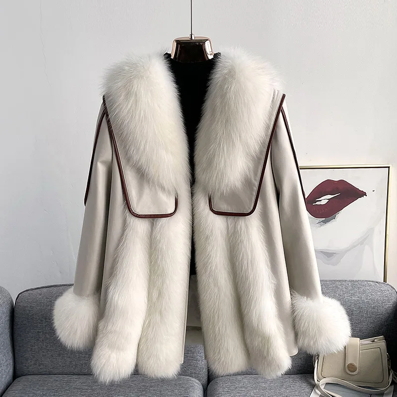 High-End Imported Fox Fur Fur Coat Women's Mid-Length Haining New Sailor Collar Sheepskin down Jacket Coat