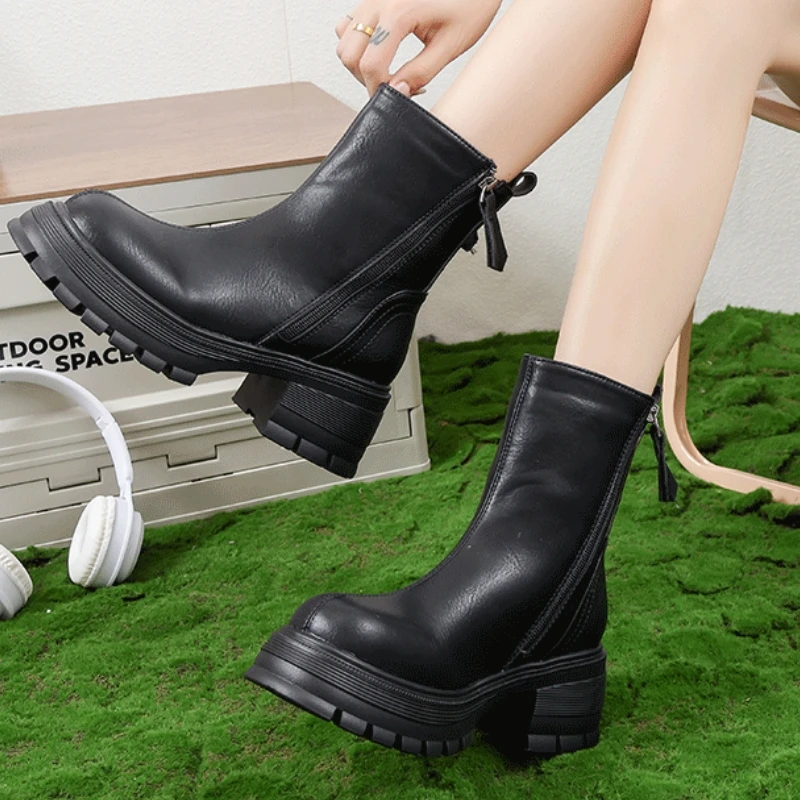 

Women Mid Heels Ankle Chelsea Boots 2024 New Platform Zipper Winter Shoes Motorcycle Boots Chunky Fad Gladiator Snow Pumps Botas