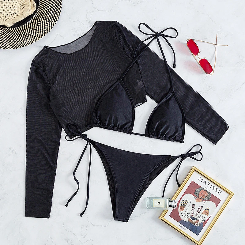 Sexy Long Sleeve Bikini 2023 Women Swimwear Female Swimsuit 3 Pieces Bikini Set Thong Brazilian Cover Up Beach Wear Bathing Suit