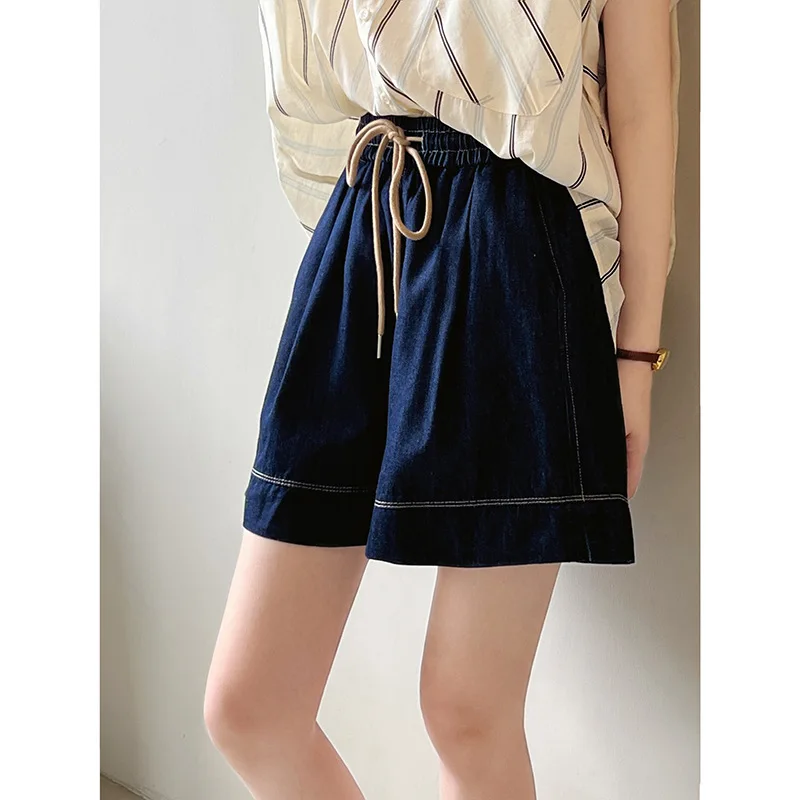 Retro Denim Shorts Women's Loose Versatile Elastic Waist Wide Leg A-line Pants 2023 Summer New Casual Lace-up Short Jeans