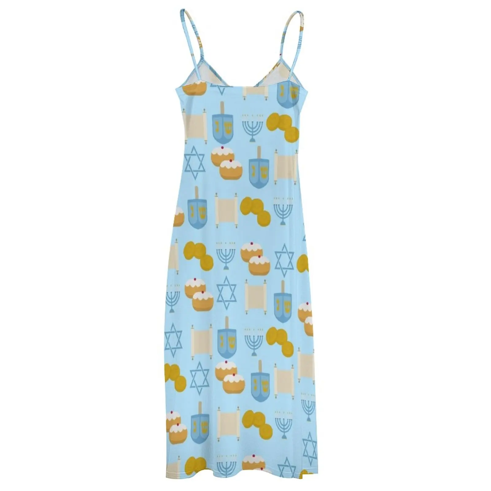 Красивое платье без рукавов с изображением Хануки на голубом фоне