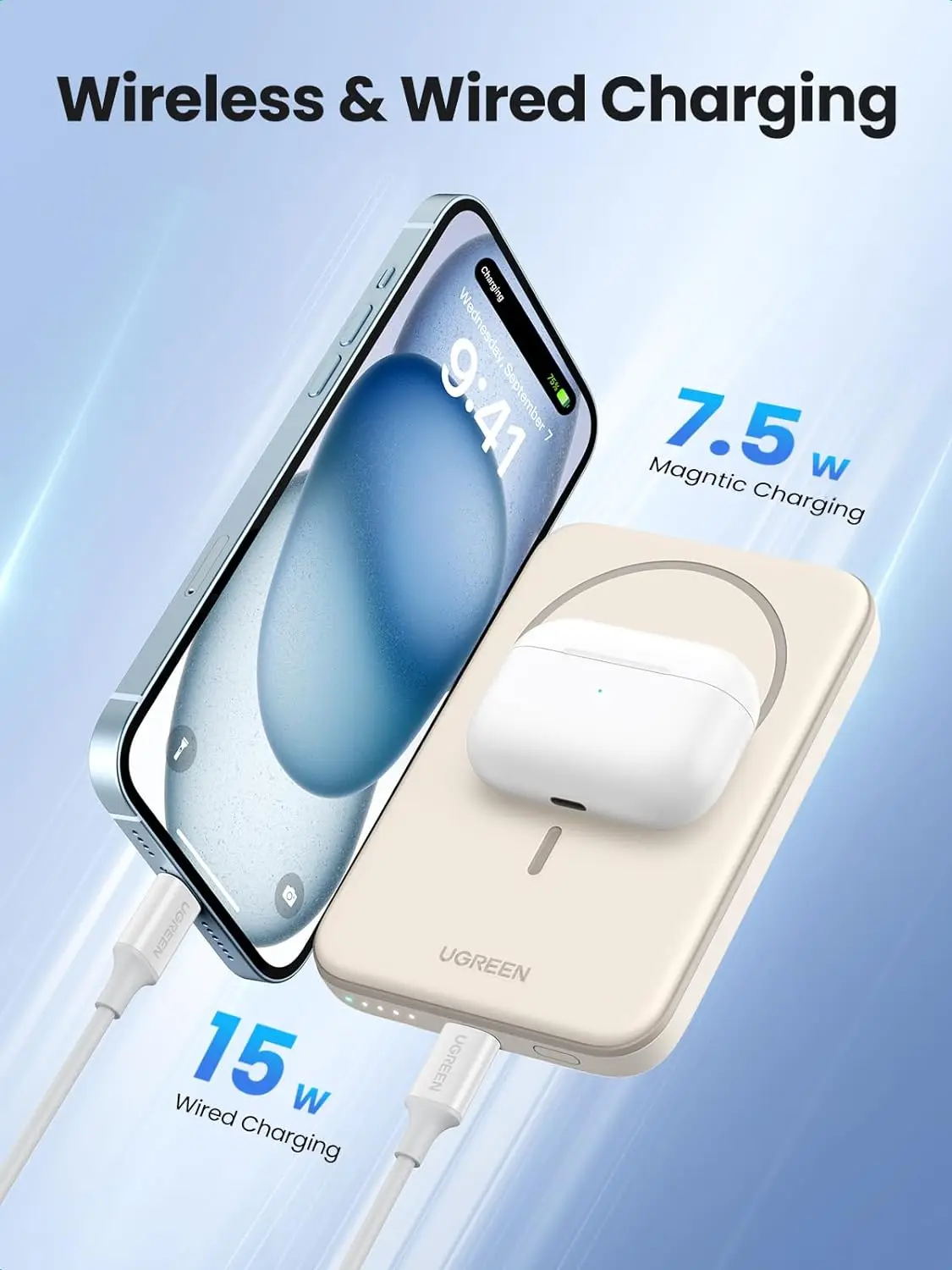 Фото UGREEN PB560 Power Bank 5000 мАч Магнитный Power Bank Тонкий беспроводной портативный зарядный аккумулятор 15 Вт для iPhone 15 16 №4