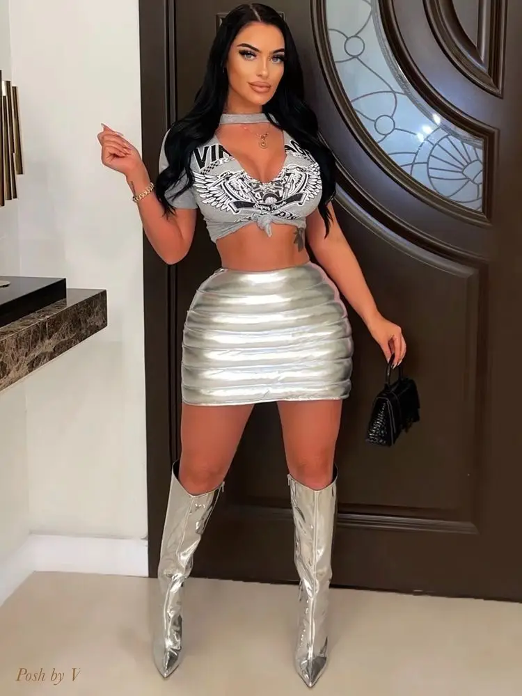 

Женская Блестящая мини-юбка с металлическим блеском, в уличном стиле