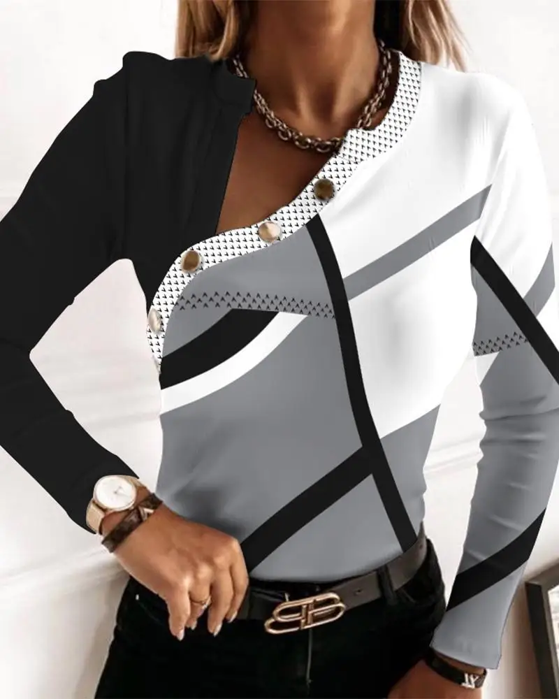 

Женский топ с длинным рукавом и геометрическим принтом, модные повседневные топы в полоску с круглым вырезом, блузка, пуловер