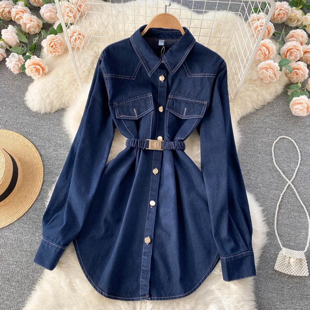 

Hong Kong Style Denim Shirt Women's Lace-up Waist Breasted Mid-Length Elegant Lapel Korean Style Versatile Long Sleeve Shirt