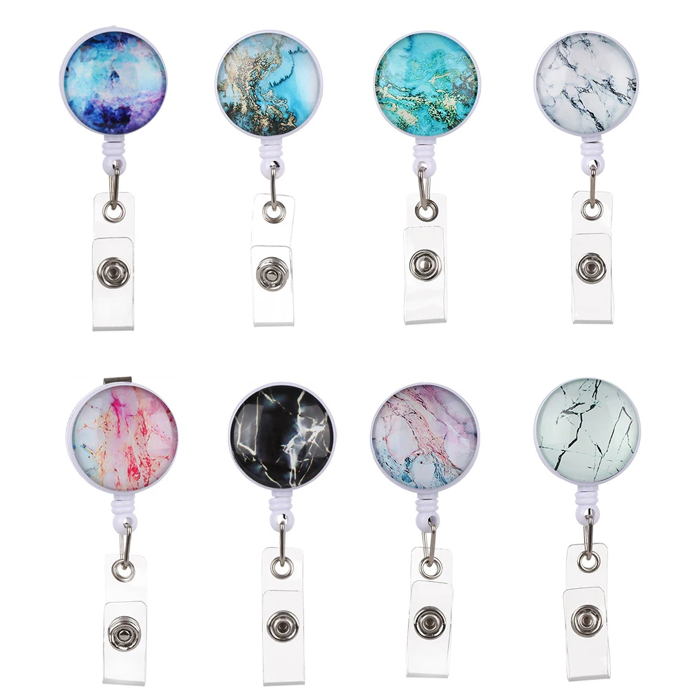 Creative Retractable Nurse Badge Holder Unisex Reel Starry Marble Pattern Anti-Lost Clip Keyring ID Namecard Office Suppllies