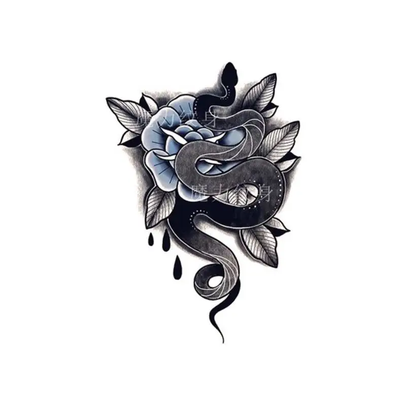 

2022 New Dark Black Mamba and Flowers Art Waterproof Tattoo Stickers for Woman Man Art Viper Arm Thigh Body Temporary Tattoo