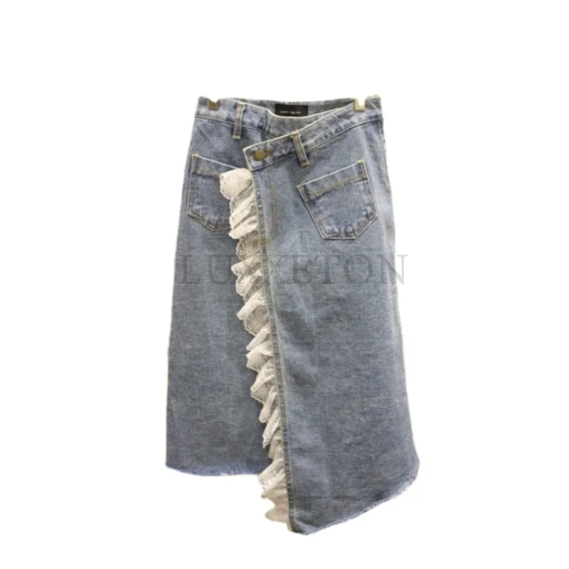 

Женская джинсовая юбка с разрезом, с карманами