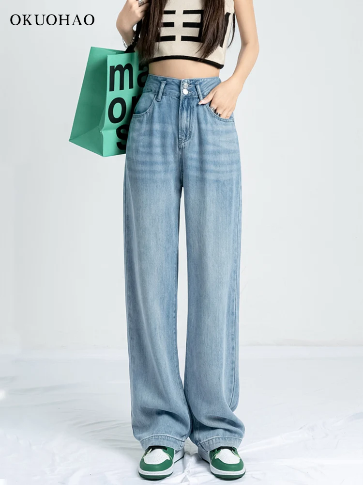 

Okuohao Jeans Women High Waist Straight Wide Leg Baggy Pants Casual Comfy Fashion Elegant Female Denim Trousers Korean Style