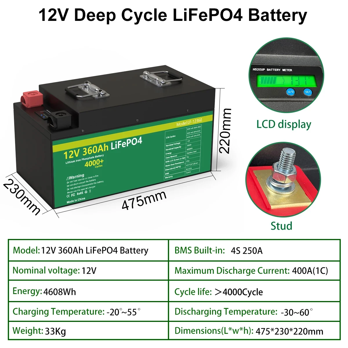 12V 280AH 360AH LiFePo4 Battery Pack Grand A Cells Lithium Iron Phosphate Solar Batteries Built-in BMS For RV Boat LiFePO4 12V