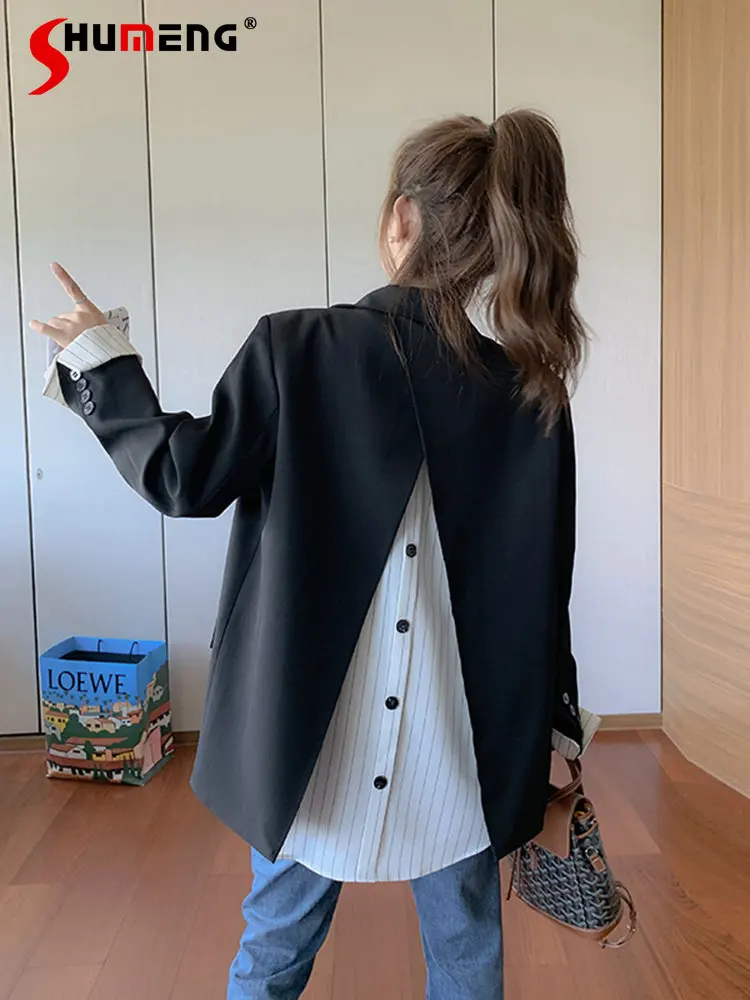 

High-End Fake Two-Piece Striped Stitching Black Blazer for Women 2023 Autumn New Professional Split Suit Jackets Blzer Mujer