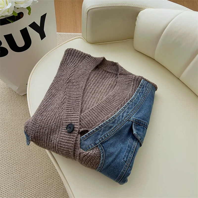 Женский вязаный кардиган в стиле Харадзюку свитер цвета хаки пэчворк с V-образным