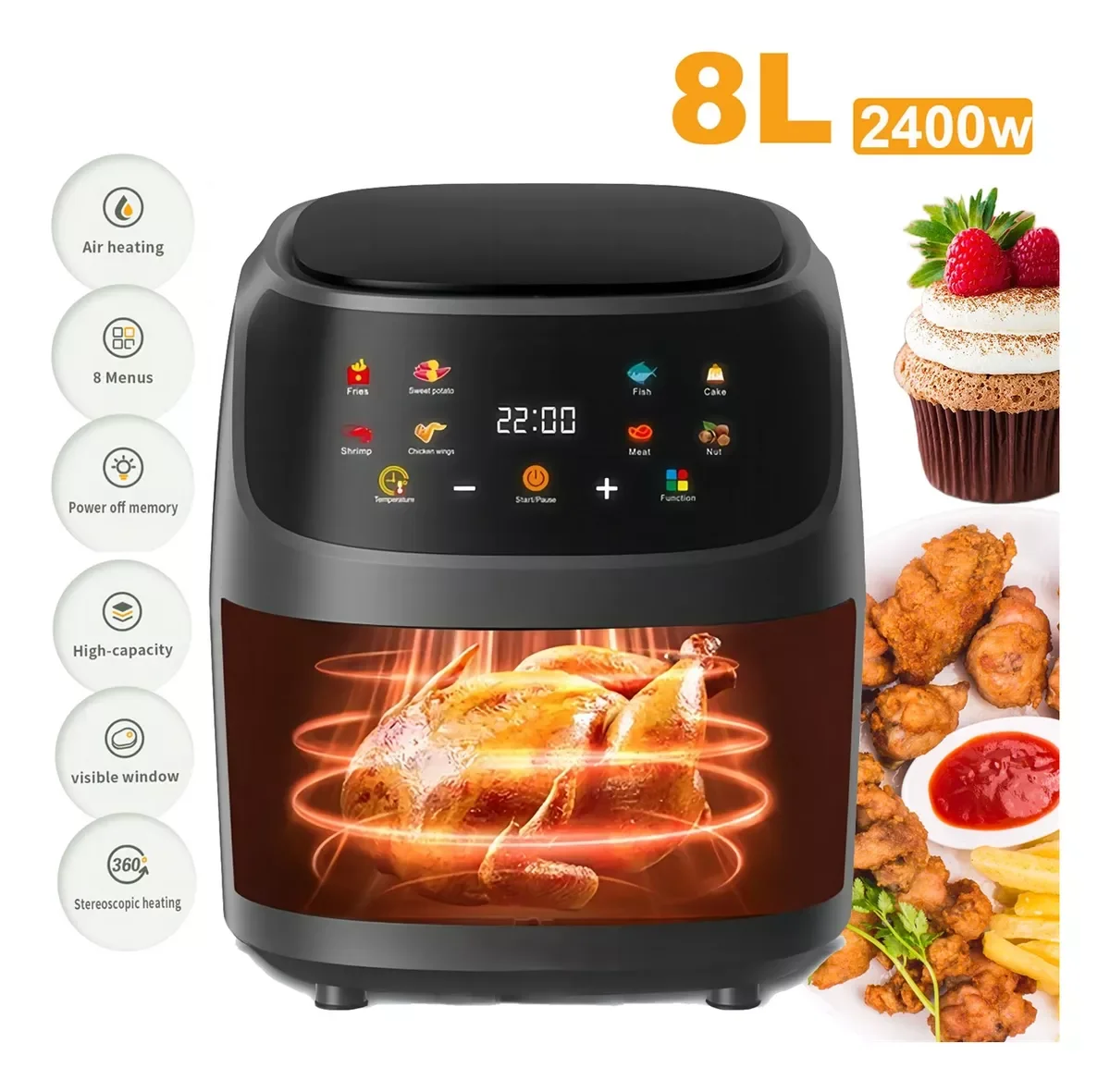 8L Smart Air Fryer with LED Touch & Visible Window Electric Oil-free Kitchen Fryer  Machine Frying Steak French Fries Chicken