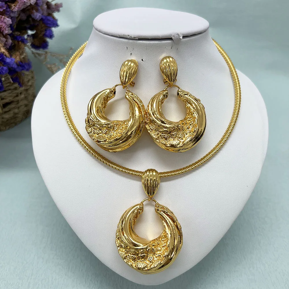 

Dubai Gold Color Jewelry Sets For Women Nigeria African Bridal Wedding Gifts Party Copper Necklace Earrings Pendant Collares