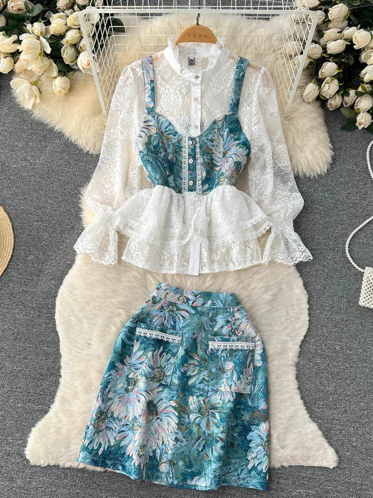 

Женский комплект из 3 предметов, кружевная рубашка с длинным рукавом и оборками и жаккардовая мини-юбка с принтом в Корейском стиле