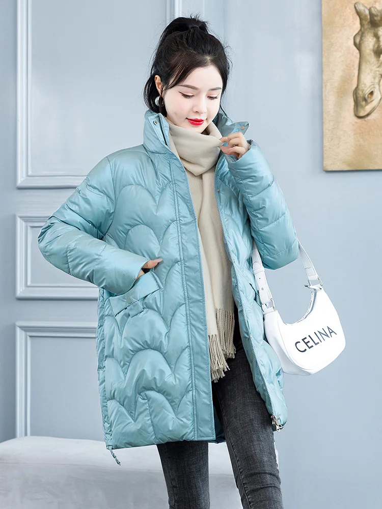 New Winter Jacket Cold Warm Outerwear Womens Long No Wash Glossy Down Cotton Jackets Casual stand collar Parka Windproof Coat