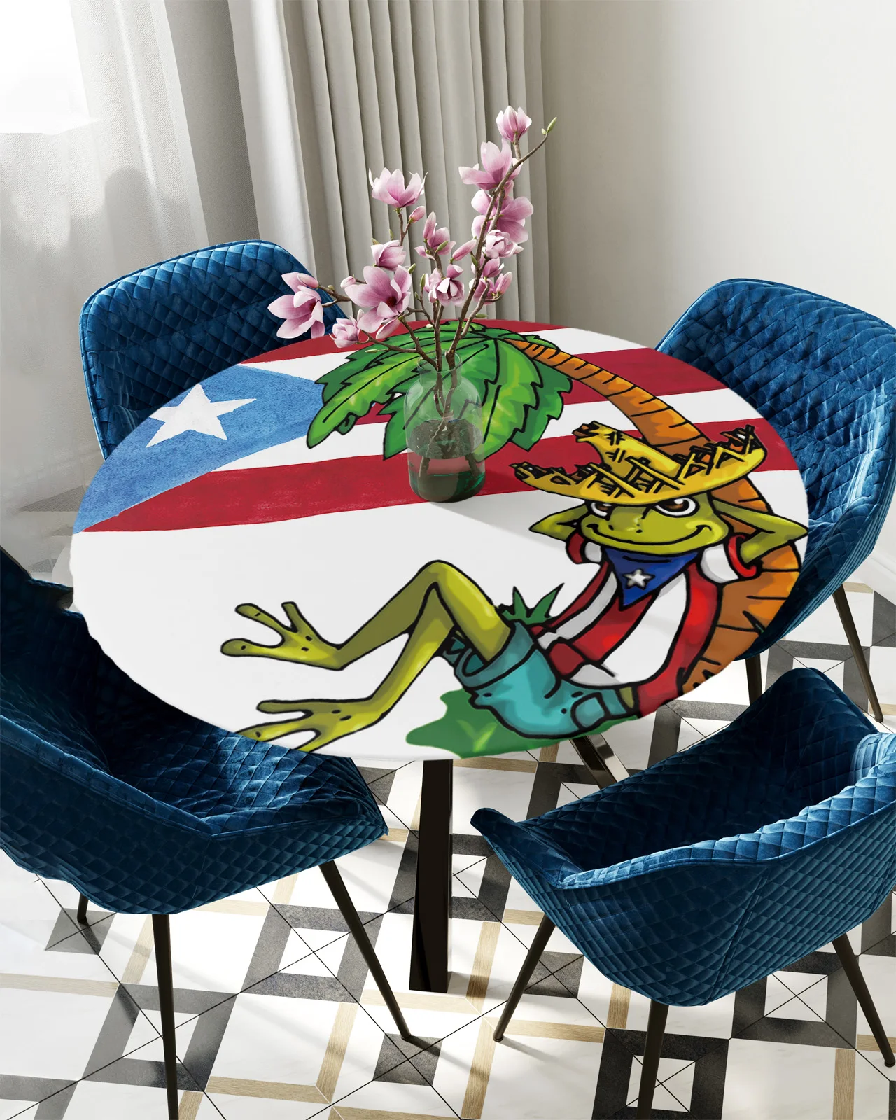 

Круглая прямоугольная скатерть с флагом Пуэрто-Рико, лягушкой, пальмой, водонепроницаемая эластичная скатерть для украшения дома