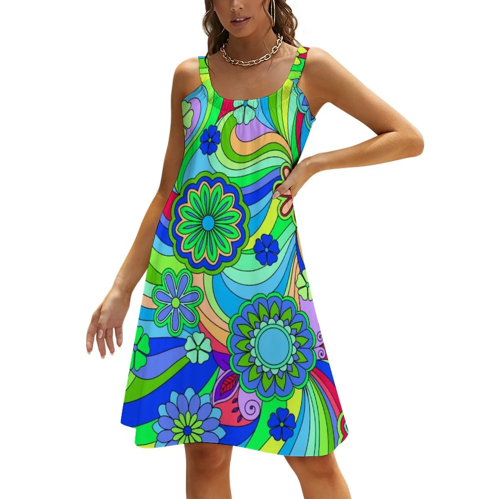 

Hippy Trippy Flower Power Dress Retro Daisy Print Kawaii Dresses Summer Street Wear Oversized A Line Sundress Female Clothing