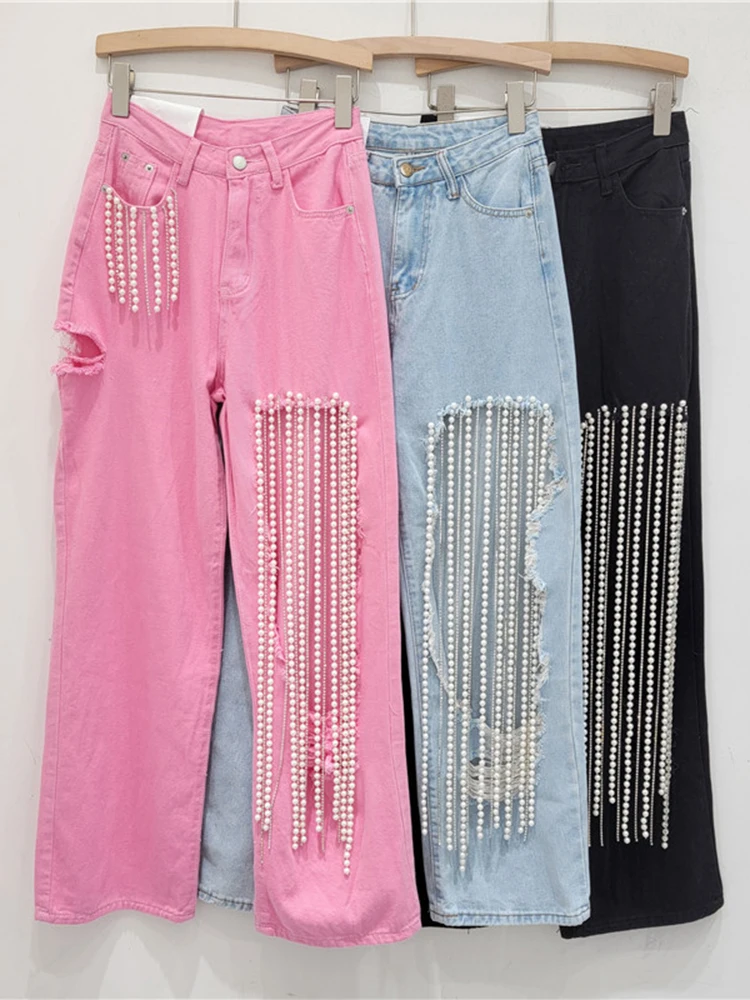Женские прямые джинсы с цепочкой DEAT винтажные брюки из денима перламутровыми